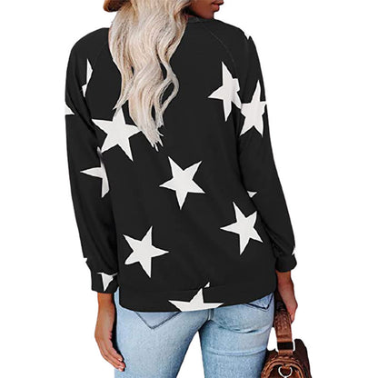 Five-pointed Star Print V-neck Long-sleeved T-shirts