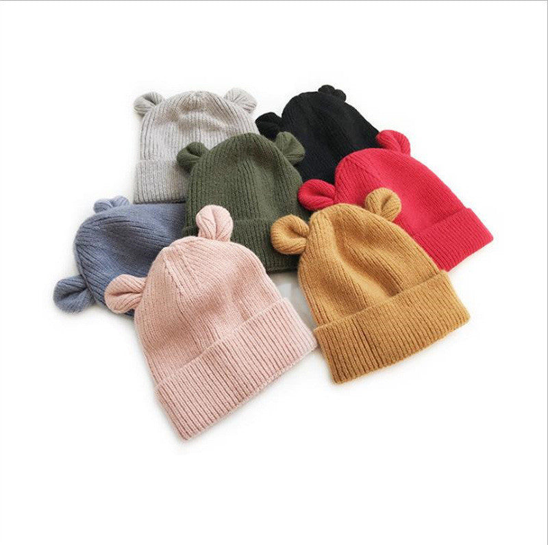 Children's Bear Ears Knitted Cuffed Solid Color Dome Warm Hat