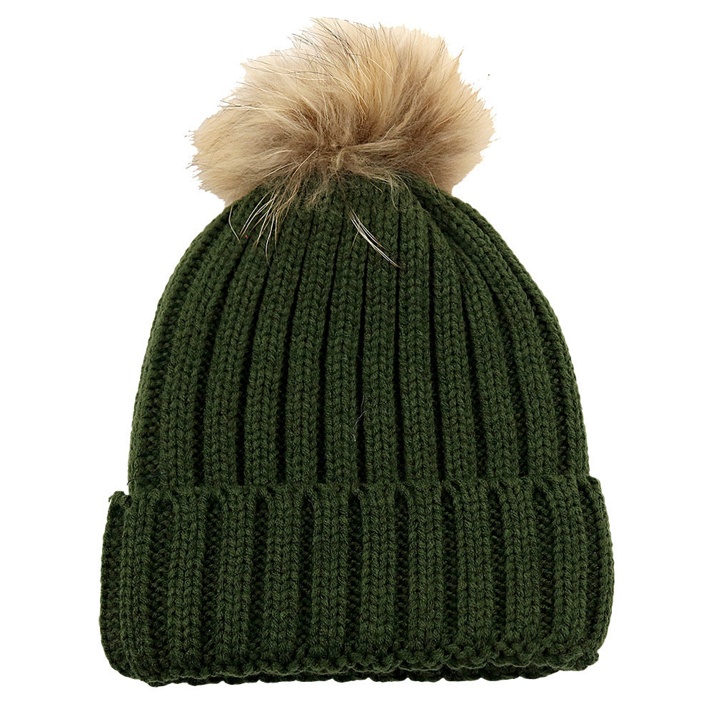 Fur Ball Knitted Hat Warm And Thick Woolen Cap