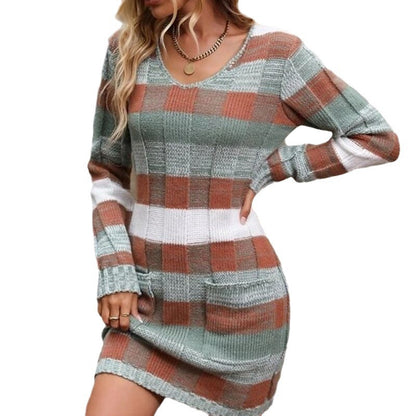 V-neck Color-block Double Pocket Knitted Slim Fit Sweater Dresses