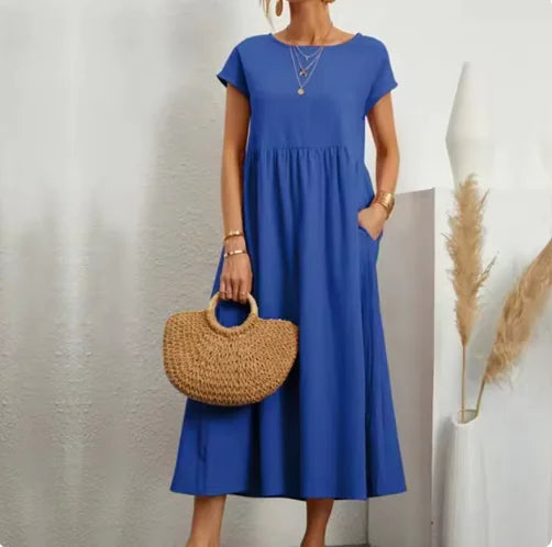 Solid Color Sleeveless Cotton-Linen Pocket Dresses