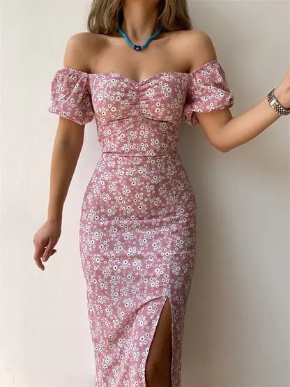 Floral Print Short Sleeve Hip Wrap Party Dresses