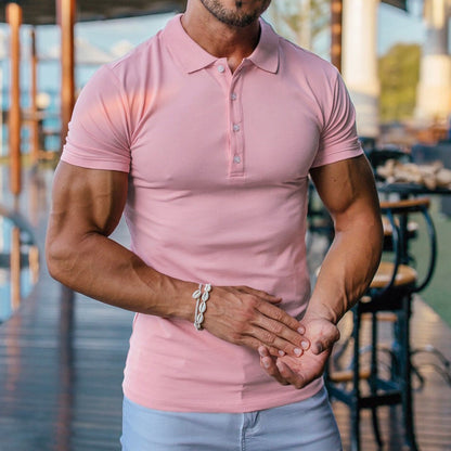 Solid Color Stand Collar Men's Casual Short Sleeve