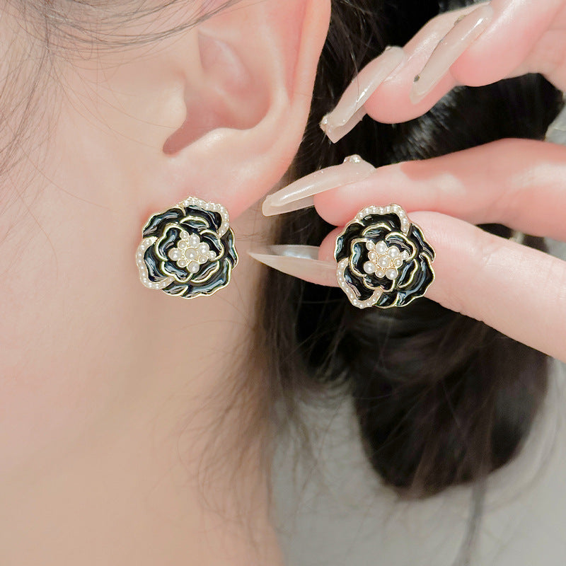 Silver Needle Camellia Earrings Retro