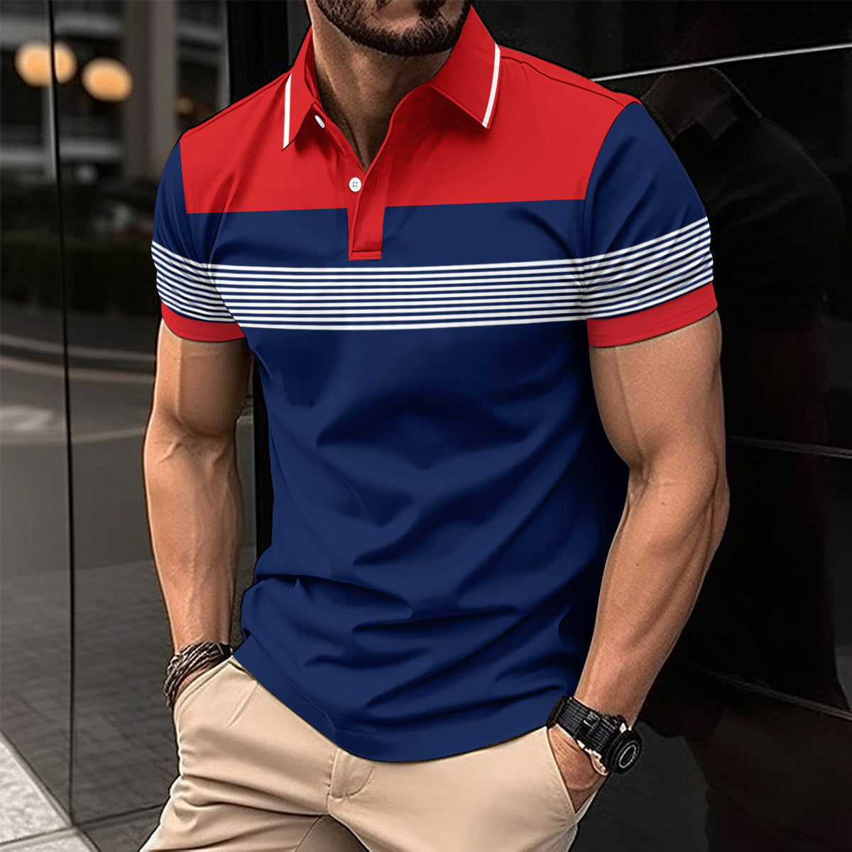 Casual V-neck Button Business Striped Polo Shirts