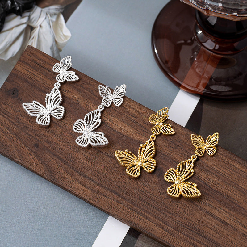 Silver Needle Butterfly Hollow Ear Studs Retro