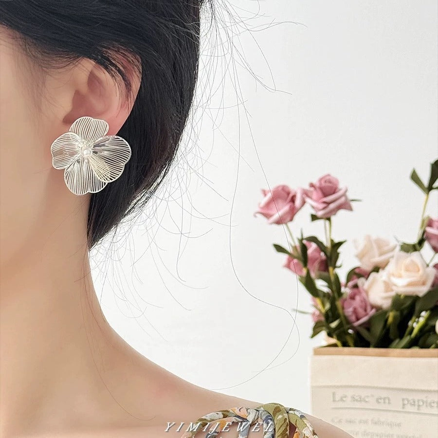 Silver Large Flower Ear Clips