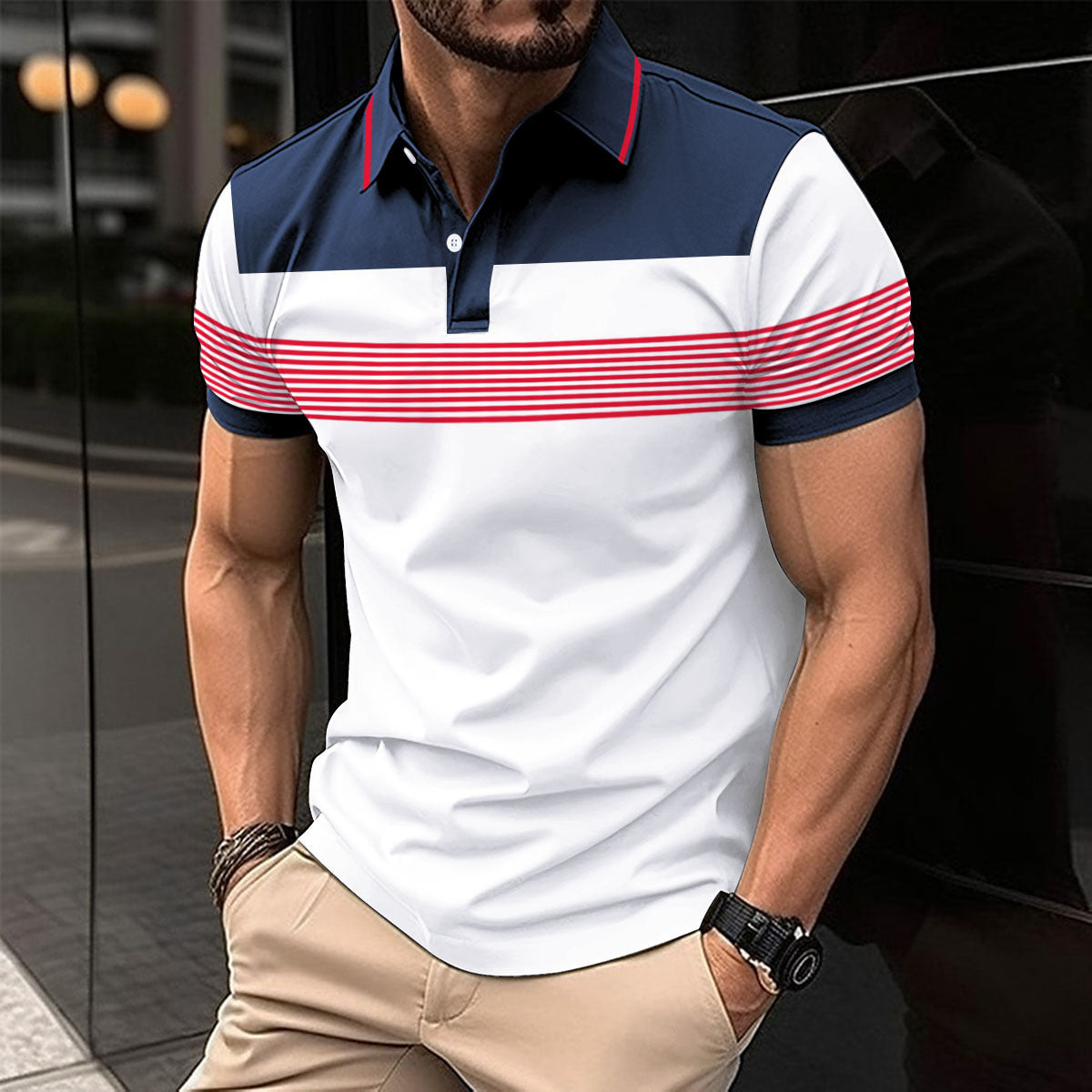 Casual V-neck Button Business Striped Polo Shirts