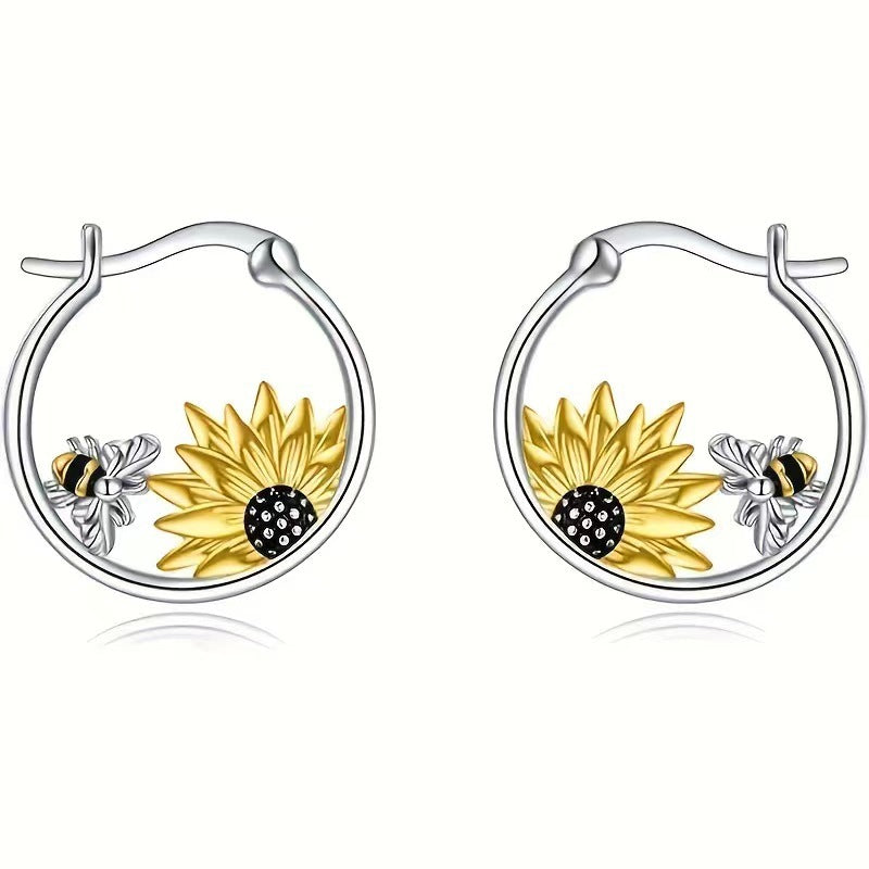 Sunflower Bee Round Ring Earrings