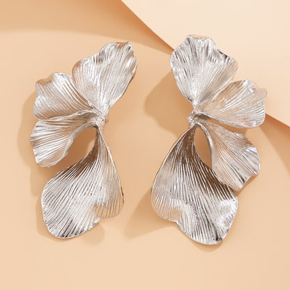 Double Layer Five Petal Flower Earrings Vintage Stripe Leaves