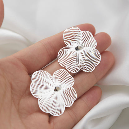 Silver Large Flower Ear Clips