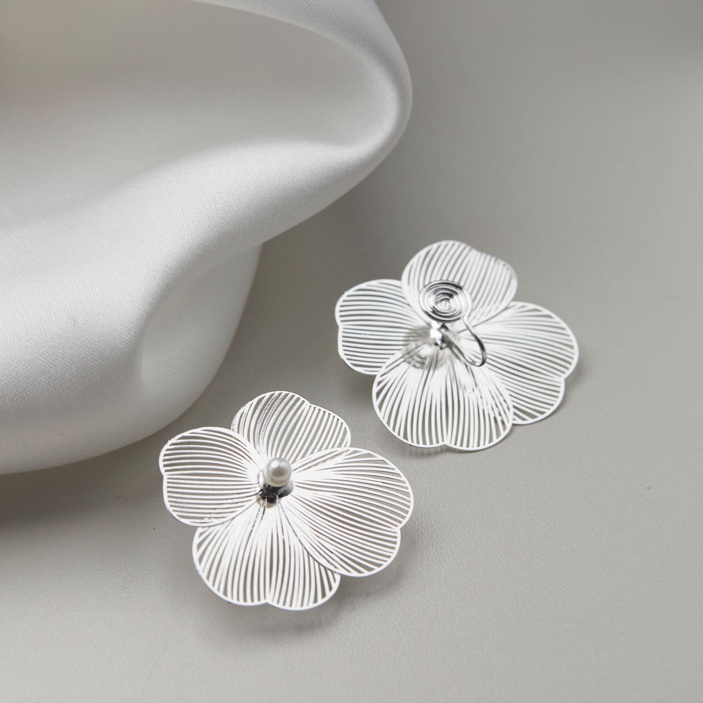 Silver Large Flower Ear Clips