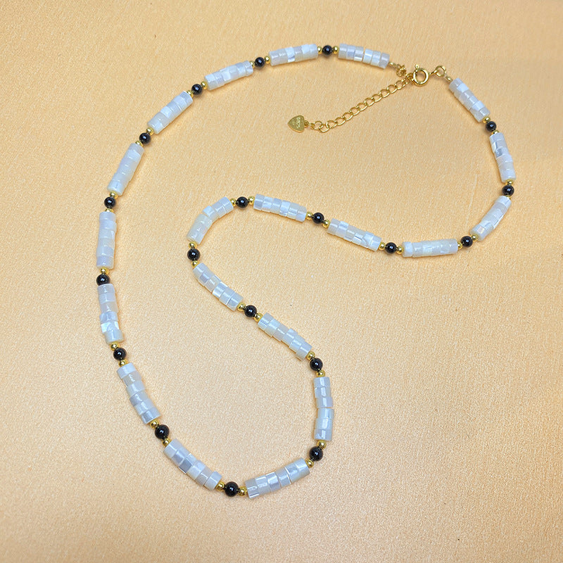 Silver Natural White Shell Black Agate Beaded Necklaces