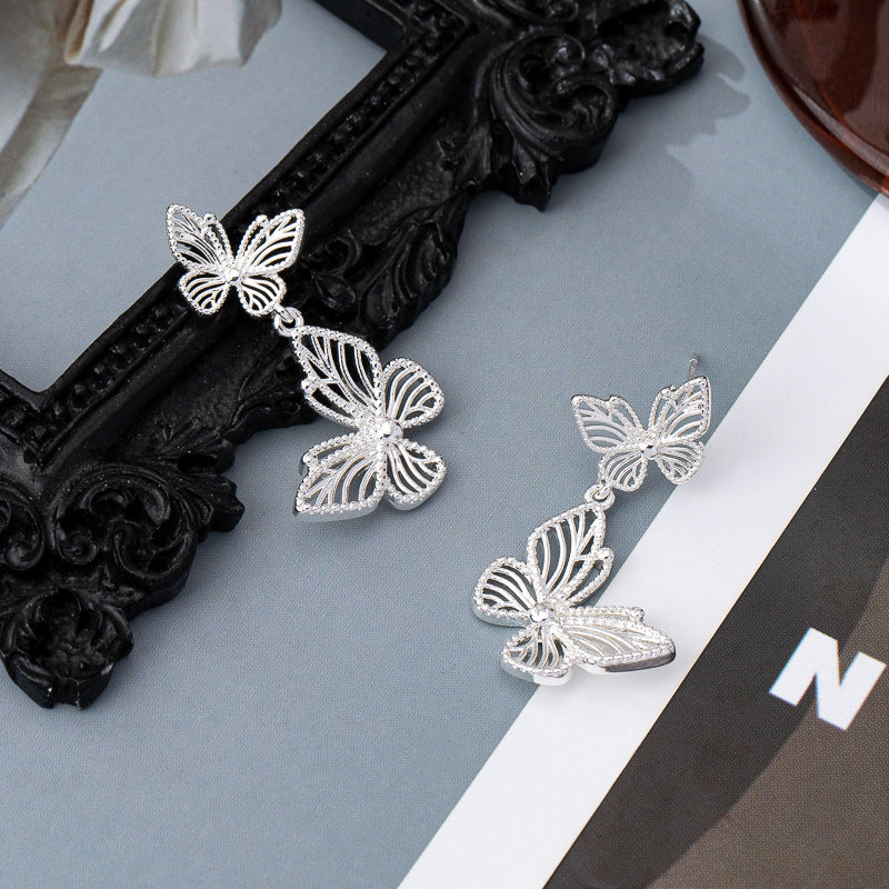 Silver Needle Butterfly Hollow Ear Studs Retro