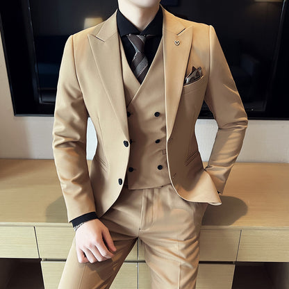 Three-piece Business Suits Slim Double Buckle Solid Color