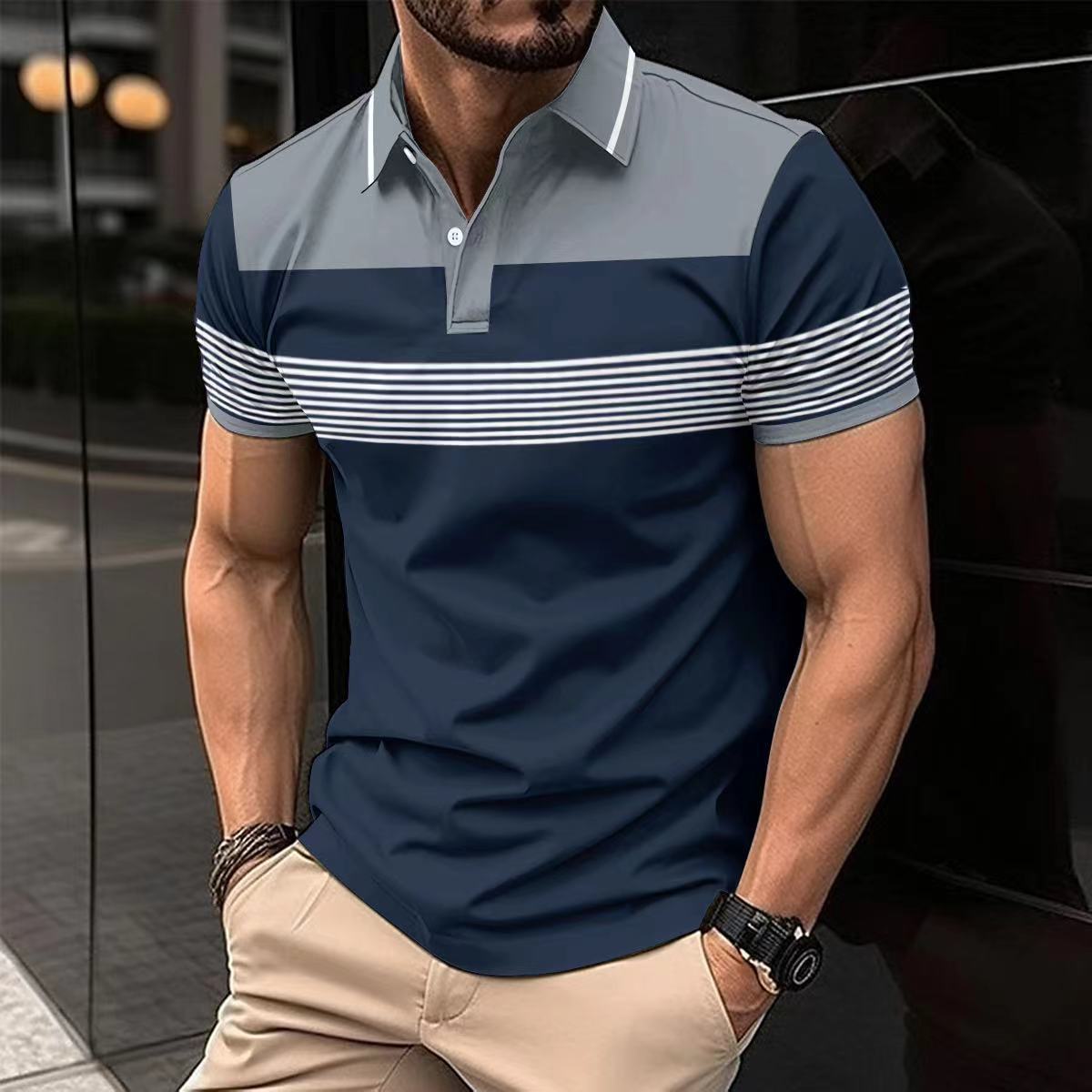 Casual V-neck Button Business Striped Polo Shirts