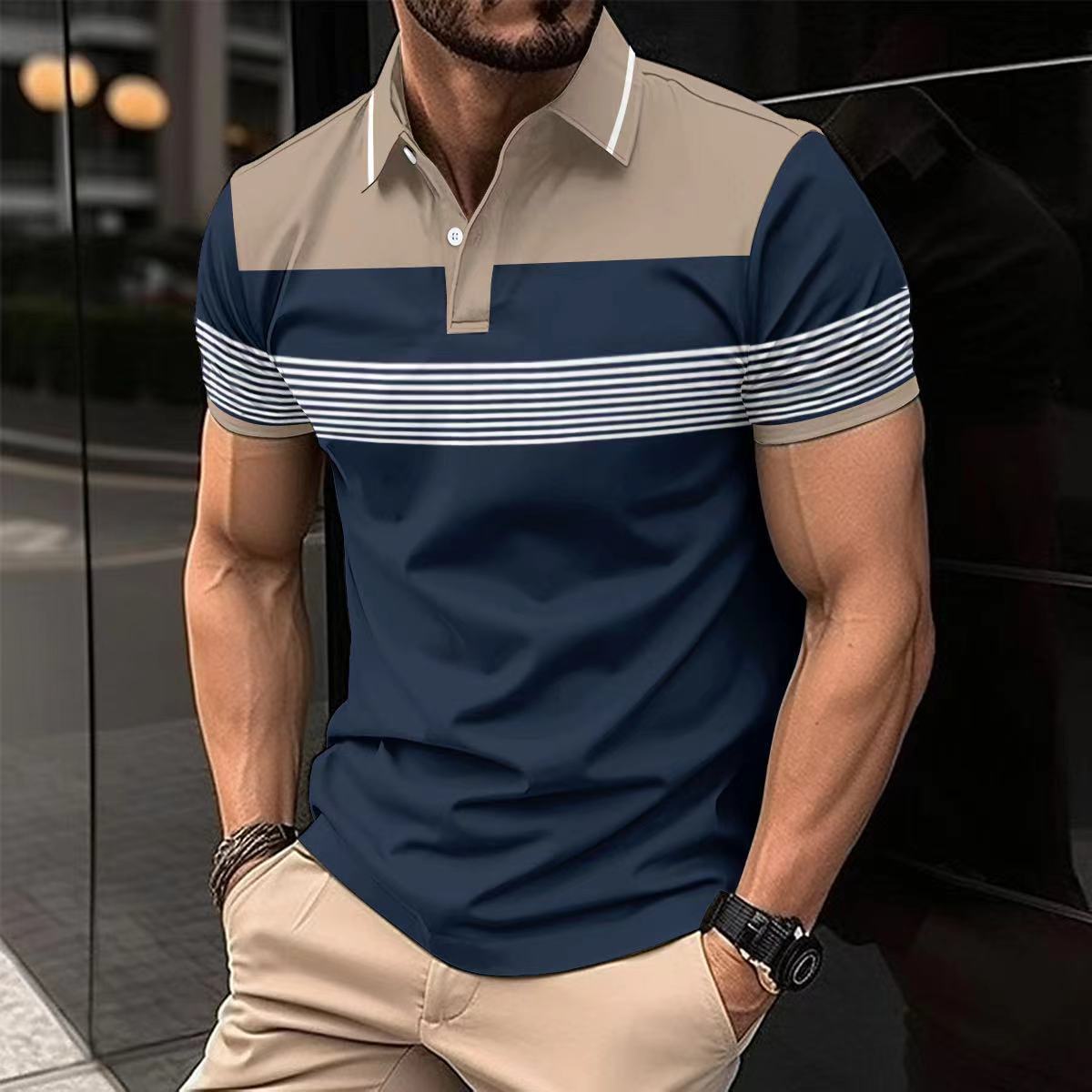 Casual V-neck Button Business Striped Polo Shirts