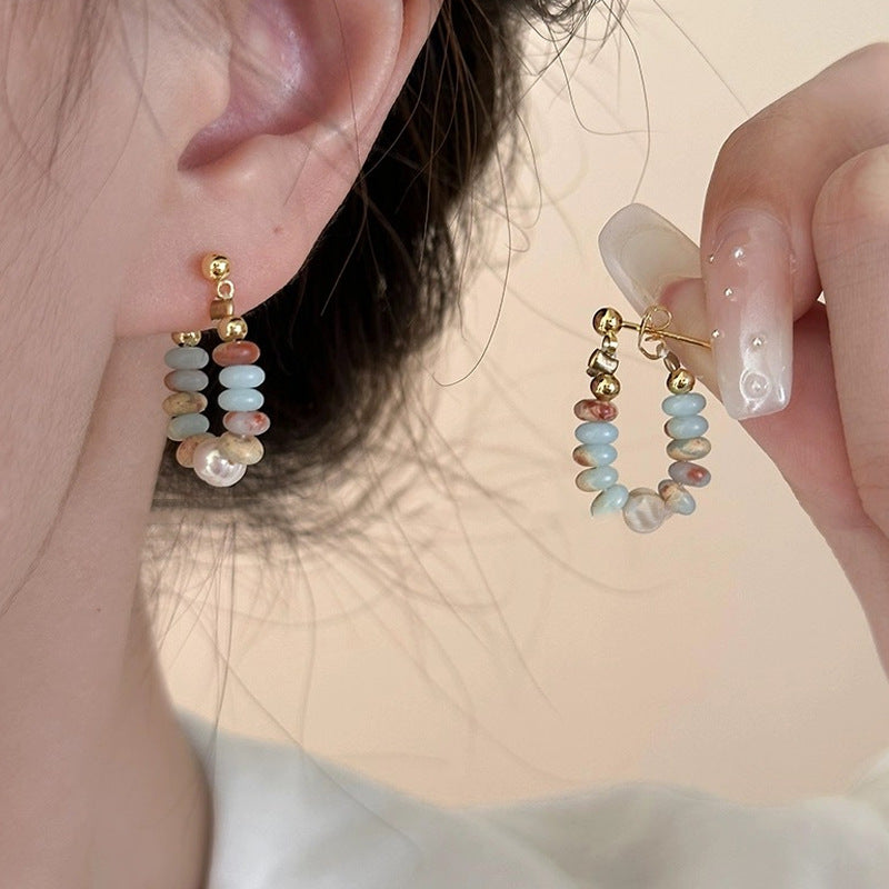 Color Dopamine Shoushan Stone Pearl Earrings