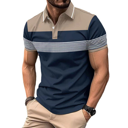 Casual V-neck Button Business Striped Polo Shirts