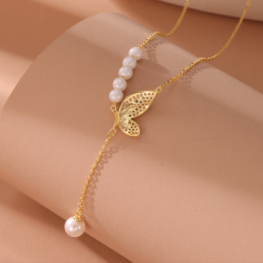 S925 Sterling Silver Butterfly Tassel Zircon Necklace