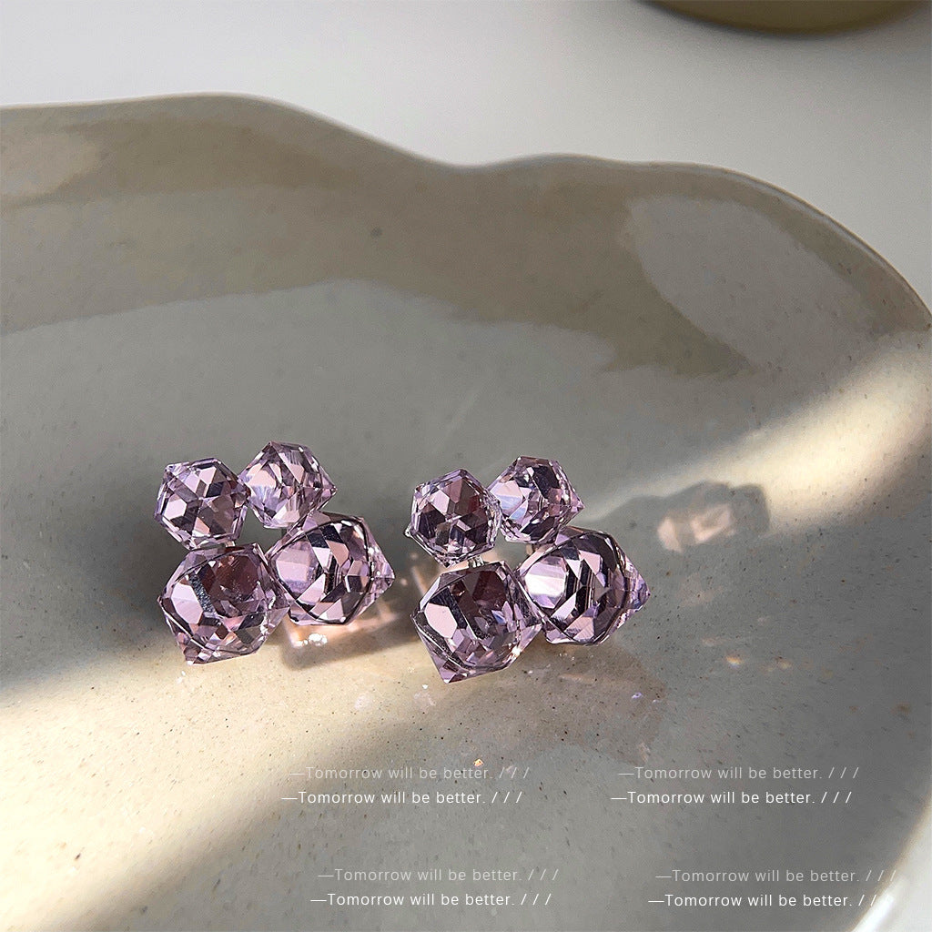 Purple Glass Crystal Sugar Cube Stud Earrings