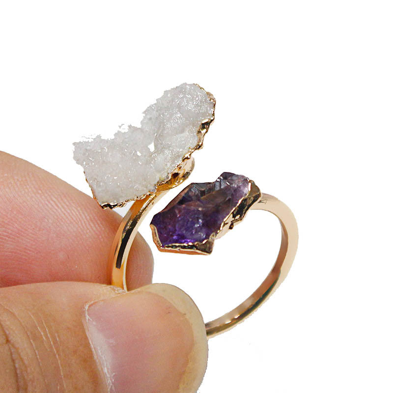 Natural Amethyst Black Tourmaline White Crystal Adjustable Rings