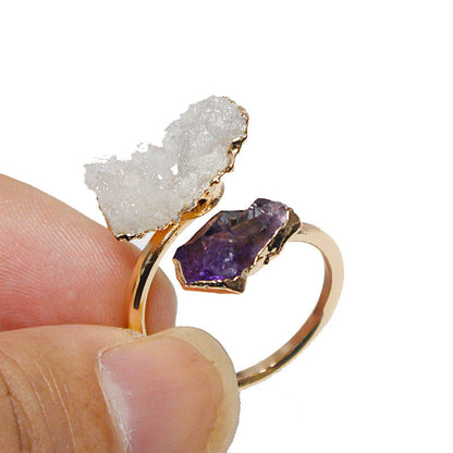 Natural Amethyst Black Tourmaline White Crystal Adjustable Rings