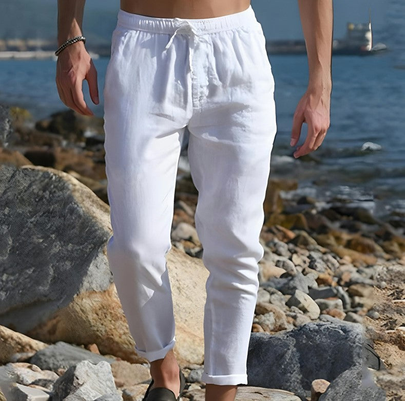 Men's New Summer Cotton Linen Solid Color Drawstring Loose Outdoor Casual Beach Pants