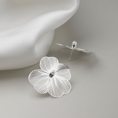 Silver Large Flower Ear Clips