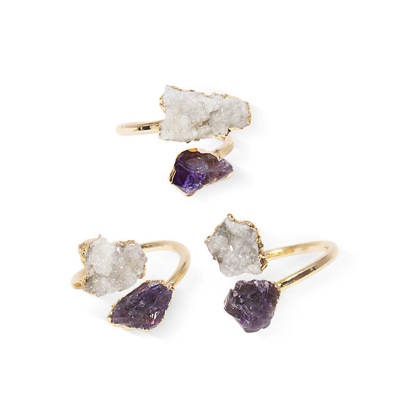 Natural Amethyst Black Tourmaline White Crystal Adjustable Rings