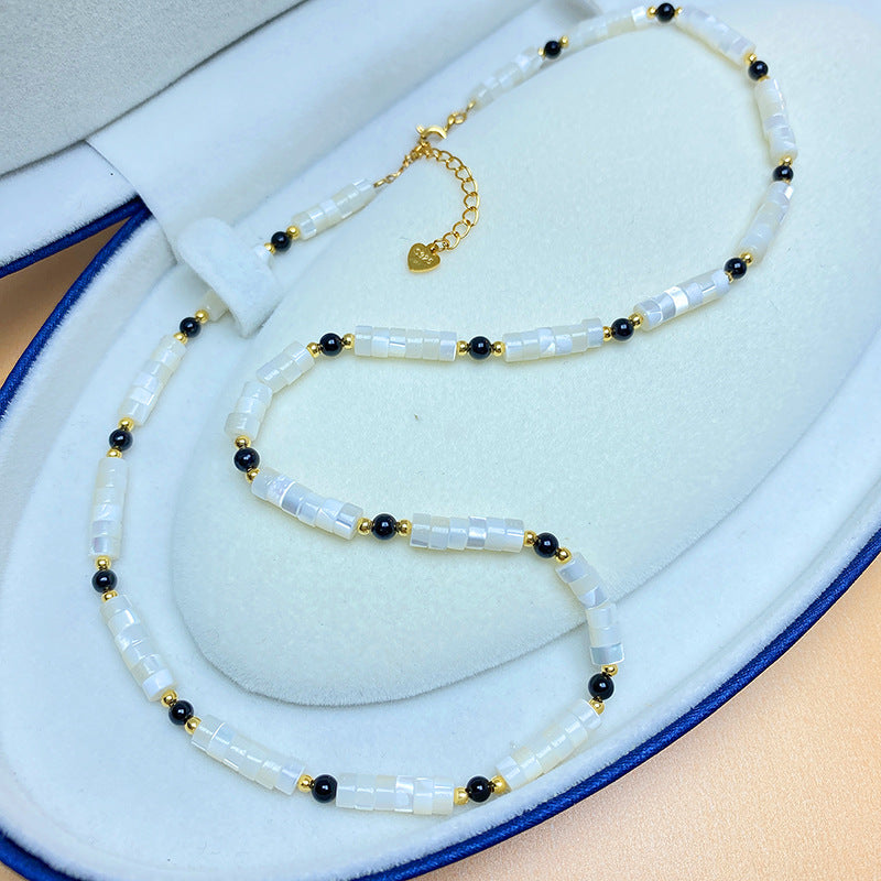 Silver Natural White Shell Black Agate Beaded Necklaces