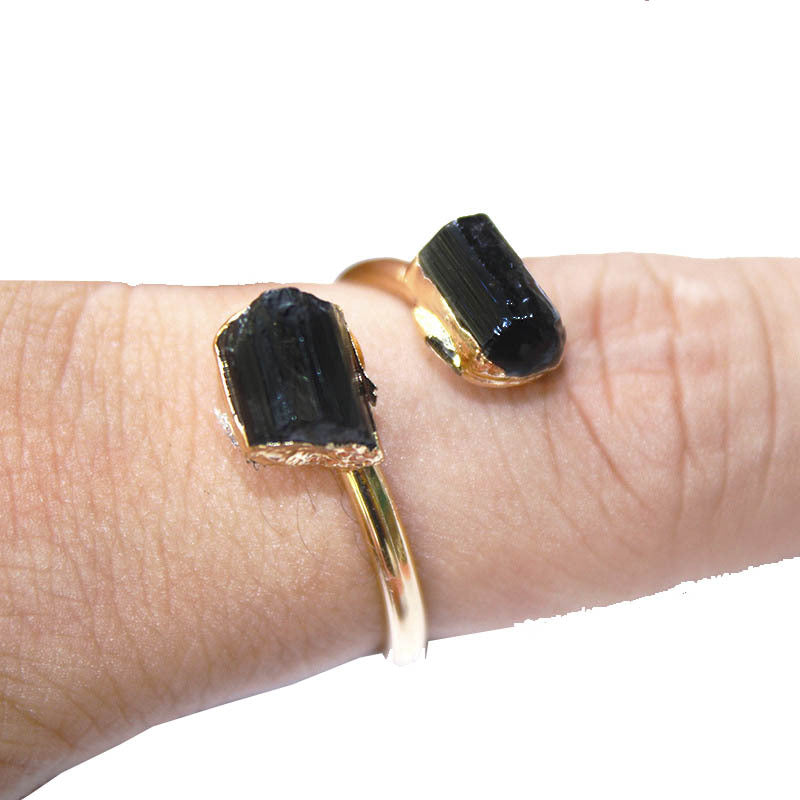 Natural Amethyst Black Tourmaline White Crystal Adjustable Rings