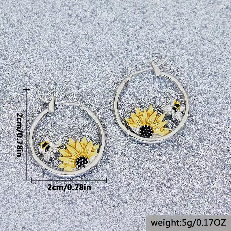 Sunflower Bee Round Ring Earrings