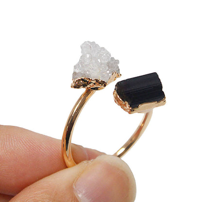 Natural Amethyst Black Tourmaline White Crystal Adjustable Rings