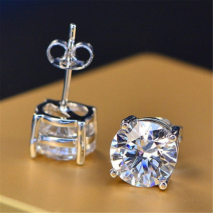 White Diamond Round Cut Four-claw Stud Earrings