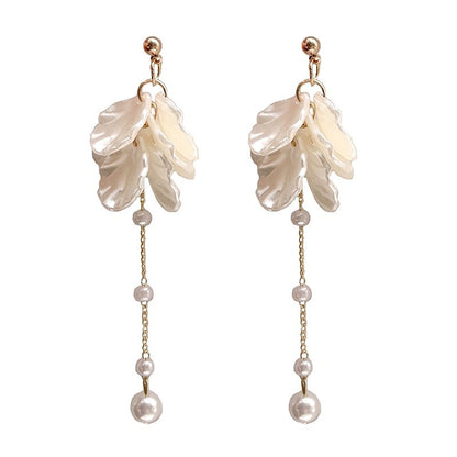 White Petal Long Tassel Round Face Stud Earrings