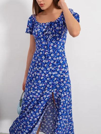 Floral Print Short Sleeve Hip Wrap Party Dresses