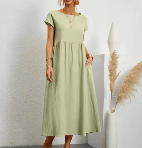 Solid Color Sleeveless Cotton-Linen Pocket Dresses