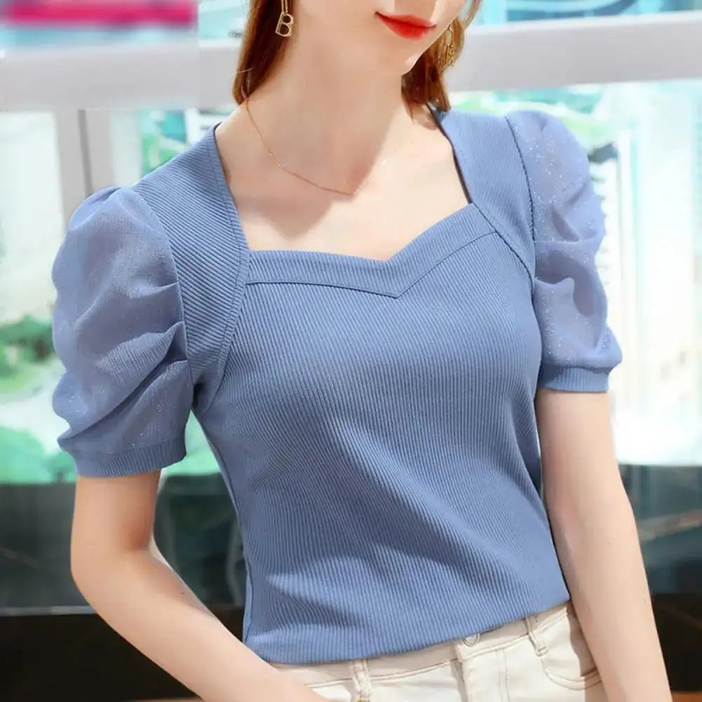 Puff Sleeve Square Collar Blouses