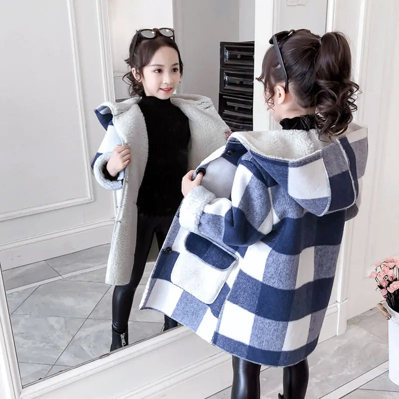 Girl's Plaid Thick Lamb Woolen Coats