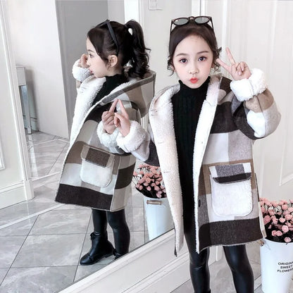 Girl's Plaid Thick Lamb Woolen Coats