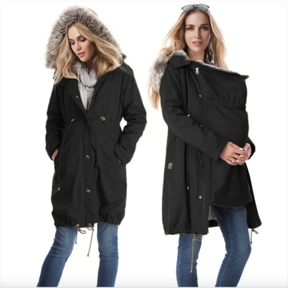 Fur-Collared Maternity Coat