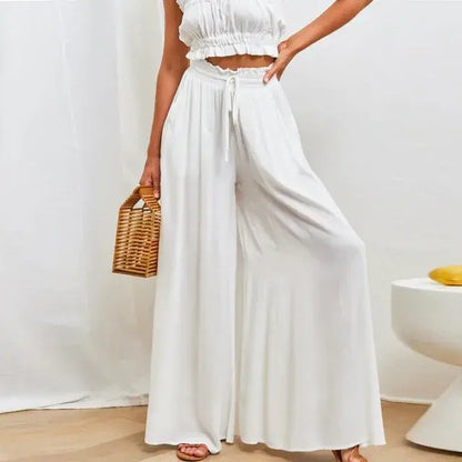 Pants Solid Color Elastic High Waist Wide Leg Trousers