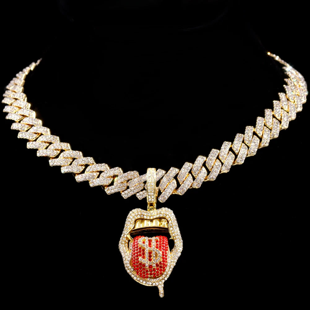 Hip Hop Dollar Tongue Pendant Necklaces