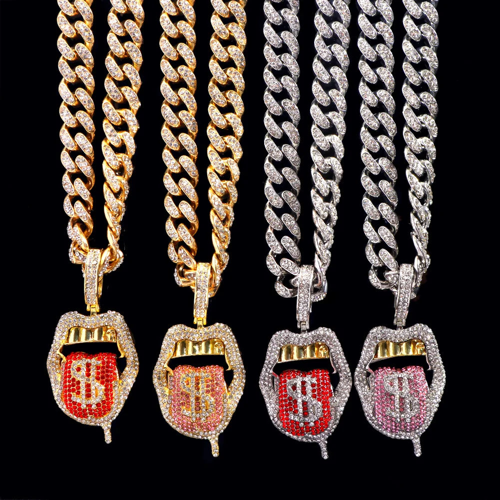 Hip Hop Dollar Tongue Pendant Necklaces