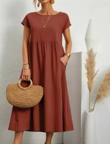 Solid Color Sleeveless Cotton-Linen Pocket Dresses