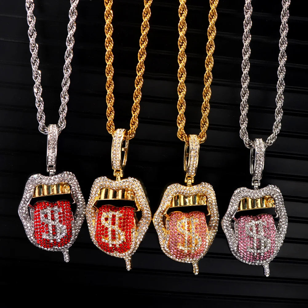 Hip Hop Dollar Tongue Pendant Necklaces