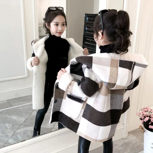 Girl's Plaid Thick Lamb Woolen Coats