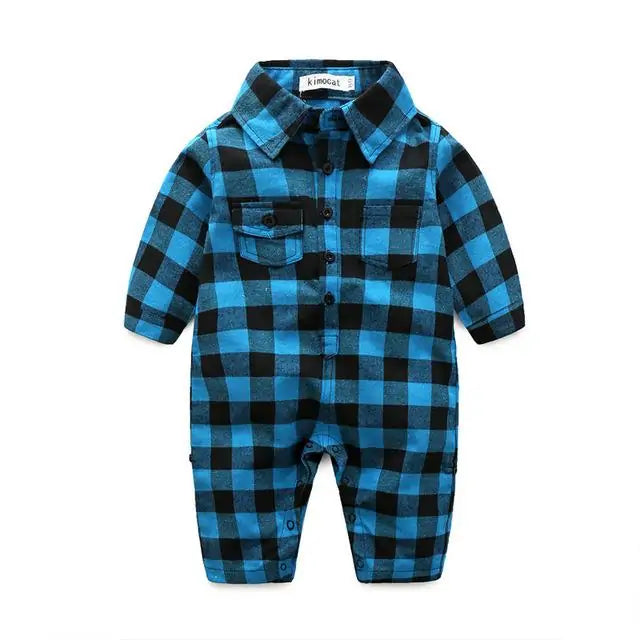 Plaid Long Sleeve Lapel Baby Rompers