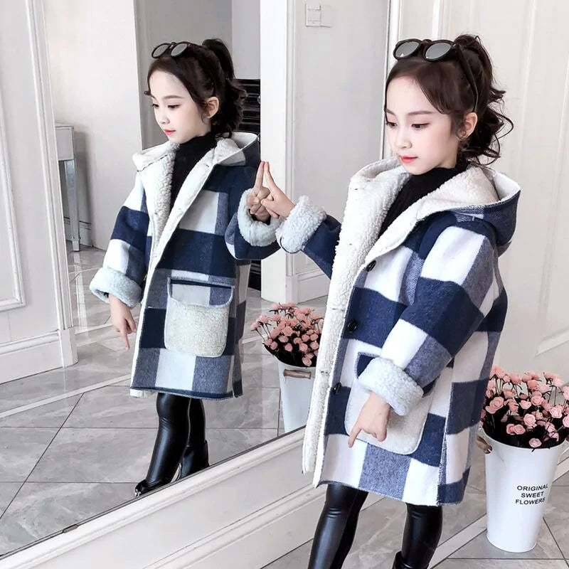 Girl's Plaid Thick Lamb Woolen Coats